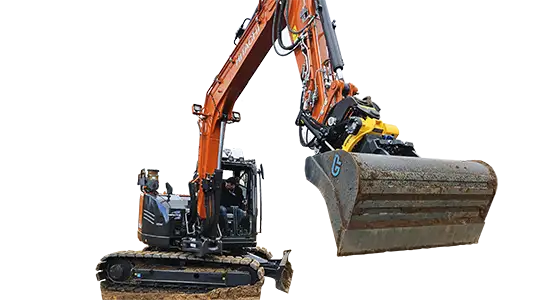 DOLFING Grondwerk met eigen Hitachi kraan met draaikantelstuk sloophamer sorteergrijper palletvorken. DOLFING Grondwerk - Hitachi kraan